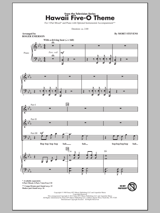 Download Mort Stevens Hawaii Five-O Theme (arr. Roger Emerson) Sheet Music and learn how to play 2-Part Choir PDF digital score in minutes