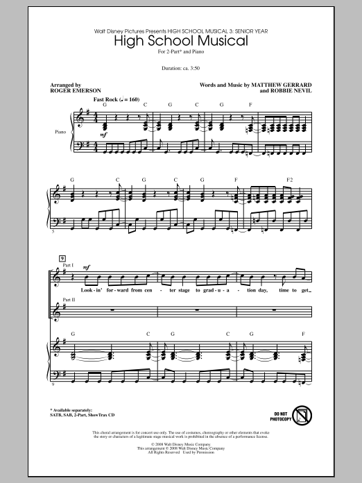 Download High School Musical 3 High School Musical (arr. Roger Emerson) Sheet Music and learn how to play 2-Part Choir PDF digital score in minutes