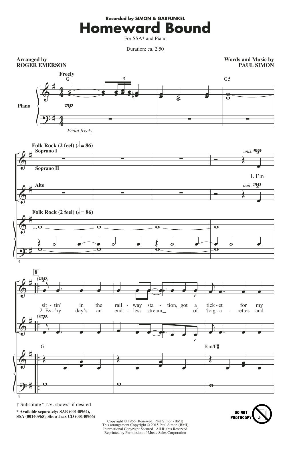 Download Simon & Garfunkel Homeward Bound (arr. Roger Emerson) Sheet Music and learn how to play SSA PDF digital score in minutes