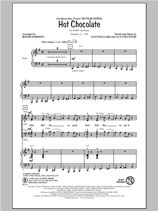 Download Polar Express (Movie) Hot Chocolate (arr. Roger Emerson) Sheet Music and learn how to play 3-Part Mixed PDF digital score in minutes