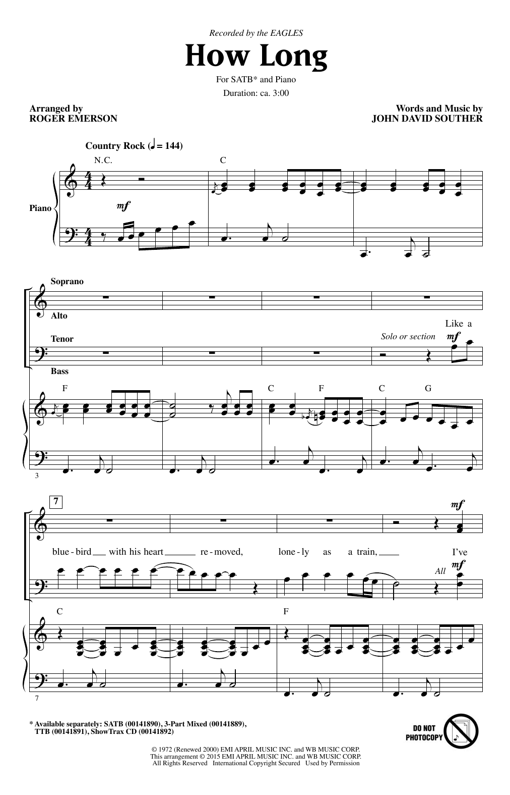 Download Eagles How Long (arr. Roger Emerson) Sheet Music and learn how to play 3-Part Mixed PDF digital score in minutes