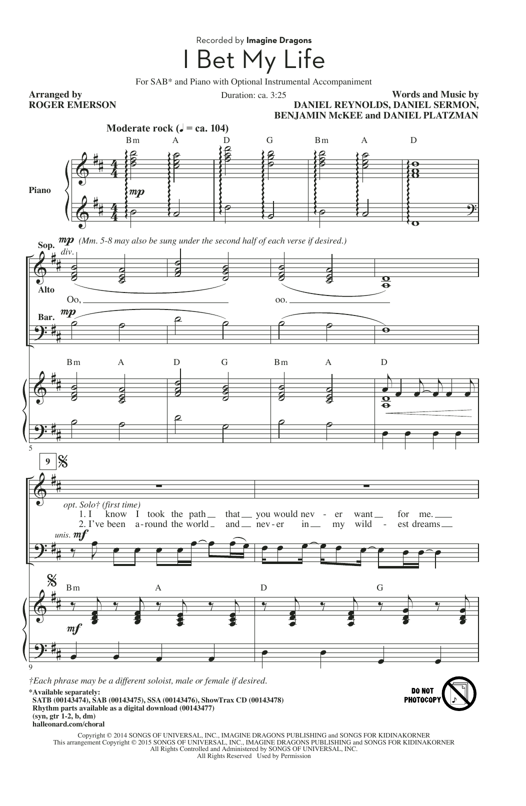Download Imagine Dragons I Bet My Life (arr. Roger Emerson) Sheet Music and learn how to play SSA PDF digital score in minutes