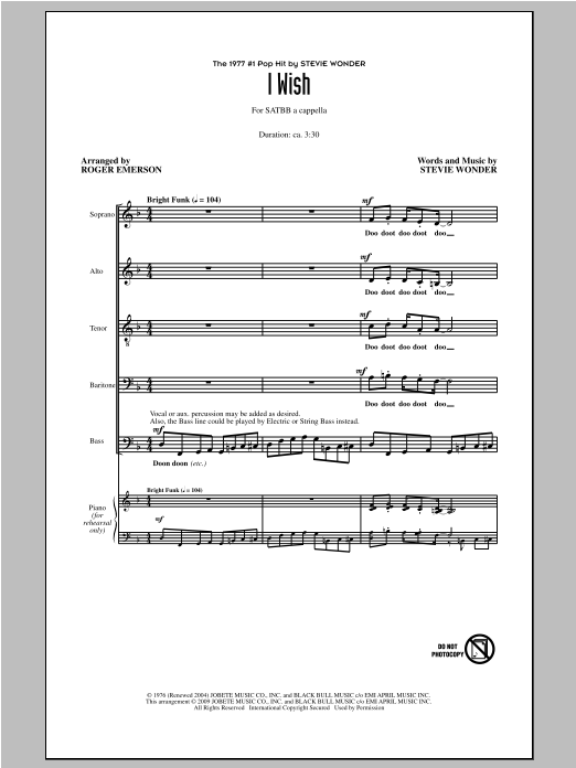 Download Stevie Wonder I Wish (arr. Roger Emerson) Sheet Music and learn how to play SATB PDF digital score in minutes