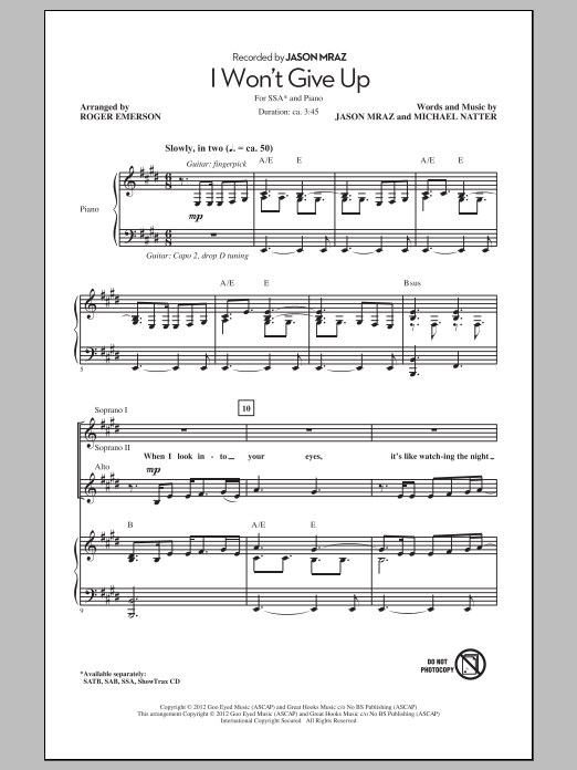 Download Jason Mraz I Won't Give Up (arr. Roger Emerson) Sheet Music and learn how to play SATB PDF digital score in minutes