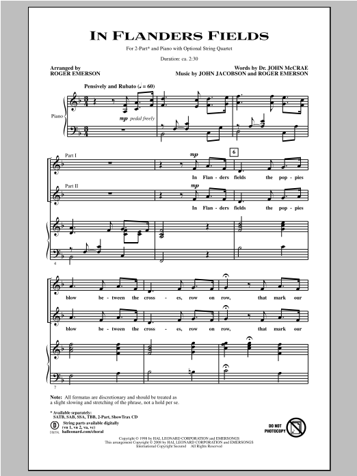 Download Roger Emerson In Flanders Fields Sheet Music and learn how to play 2-Part Choir PDF digital score in minutes