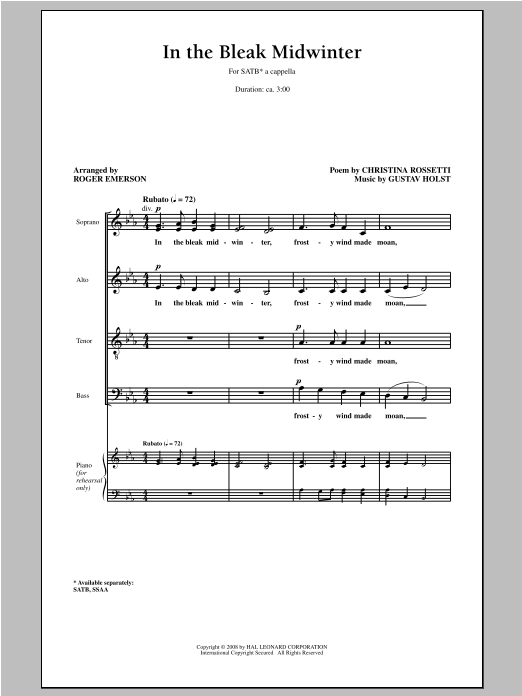 Download Roger Emerson In The Bleak Midwinter Sheet Music and learn how to play SSA PDF digital score in minutes