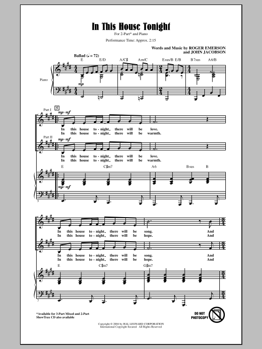 Download John Jacobson In This House Tonight (arr. Roger Emerson) Sheet Music and learn how to play 2-Part Choir PDF digital score in minutes