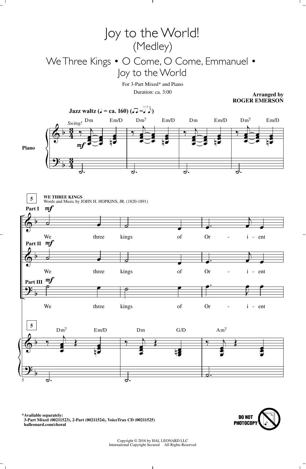 Download Roger Emerson Joy To The World! (Medley) Sheet Music and learn how to play 3-Part Mixed PDF digital score in minutes