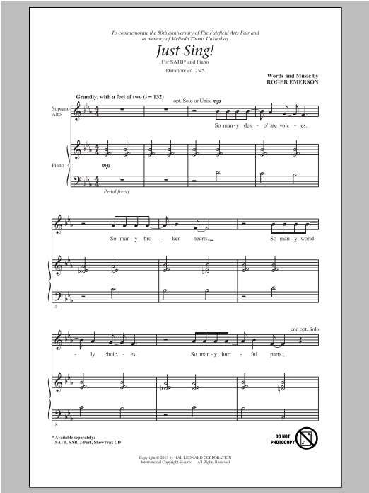 Download Roger Emerson Just Sing Sheet Music and learn how to play SAB PDF digital score in minutes