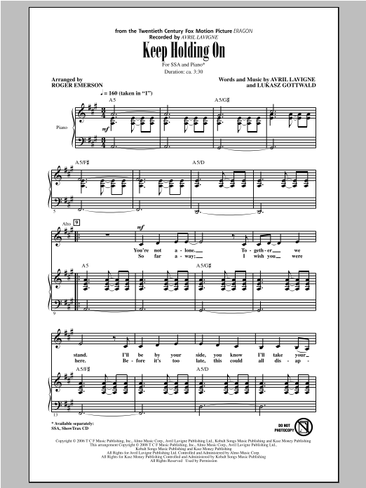 Download Avril Lavigne Keep Holding On (arr. Roger Emerson) Sheet Music and learn how to play SSA PDF digital score in minutes