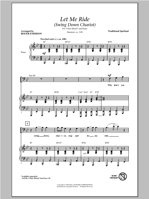 Download Traditional Spiritual Let Me Ride (Swing Down Chariot) (arr. Roger Emerson) Sheet Music and learn how to play 3-Part Mixed PDF digital score in minutes