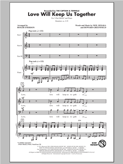 Download The Captain & Tennille Love Will Keep Us Together (arr. Roger Emerson) Sheet Music and learn how to play 3-Part Mixed PDF digital score in minutes