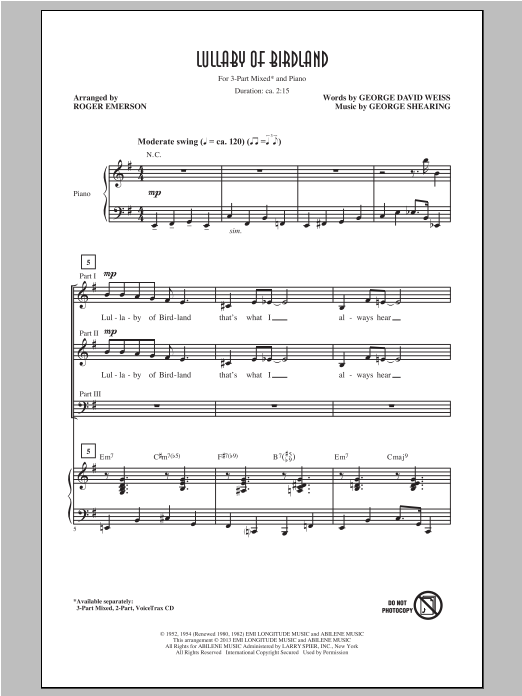 Download George Shearing Lullaby Of Birdland (arr. Roger Emerson) Sheet Music and learn how to play 3-Part Mixed PDF digital score in minutes