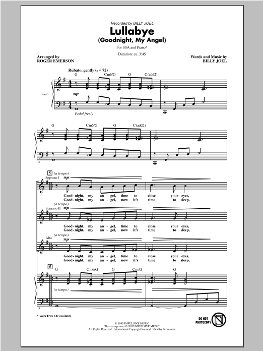 Download Roger Emerson Lullabye (Goodnight, My Angel) Sheet Music and learn how to play SSA PDF digital score in minutes
