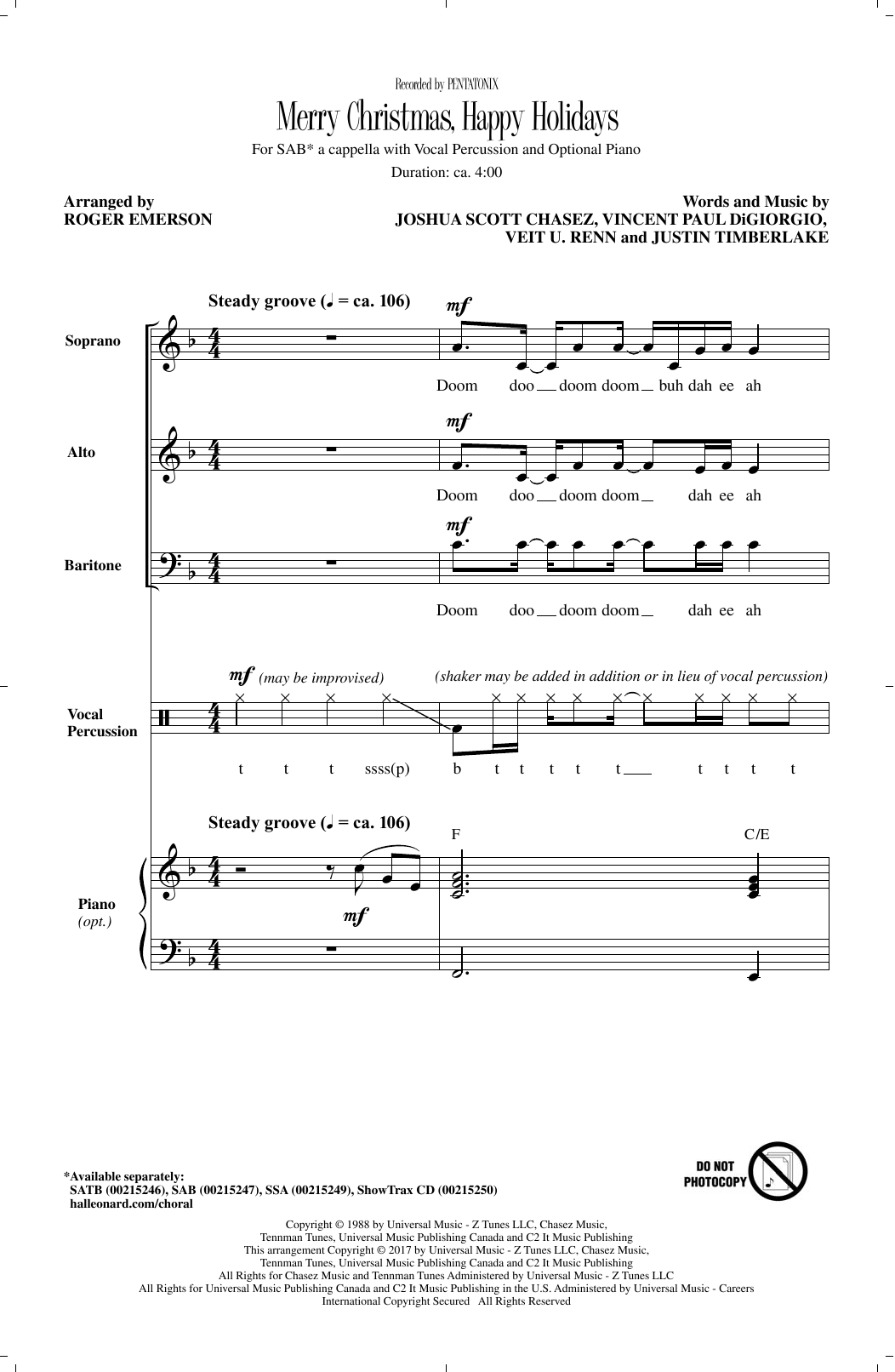 Download Roger Emerson Merry Christmas, Happy Holidays Sheet Music and learn how to play SAB PDF digital score in minutes