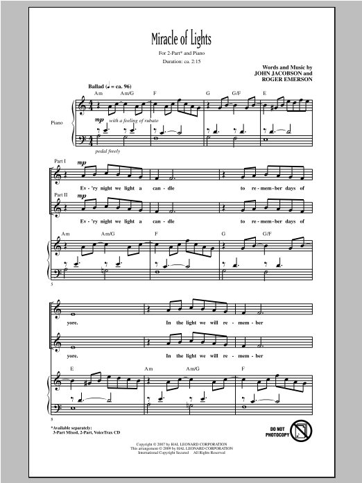 Download John Jacobson Miracle Of Lights (arr. Roger Emerson) Sheet Music and learn how to play 2-Part Choir PDF digital score in minutes