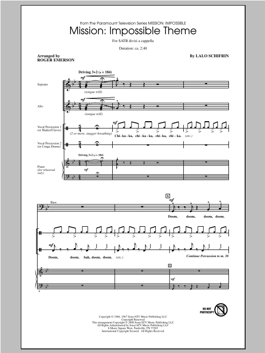 Download Lalo Schifrin Mission: Impossible Theme (arr. Roger Emerson) Sheet Music and learn how to play SATB PDF digital score in minutes