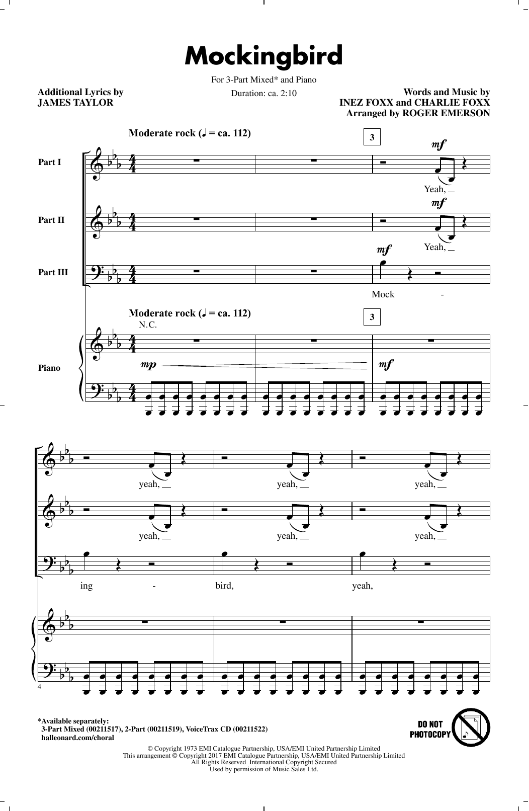 Download Roger Emerson Mockingbird Sheet Music and learn how to play 3-Part Mixed PDF digital score in minutes