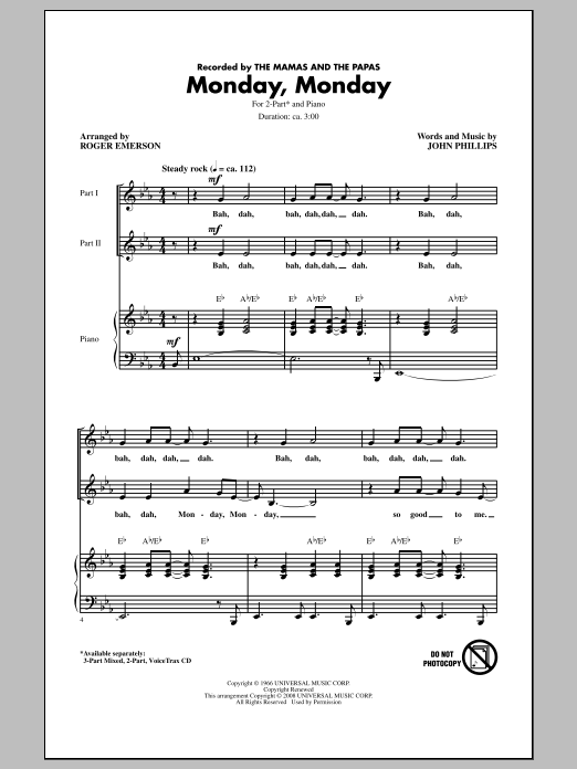 Download John Phillips Monday, Monday (arr. Roger Emerson) Sheet Music and learn how to play 2-Part Choir PDF digital score in minutes