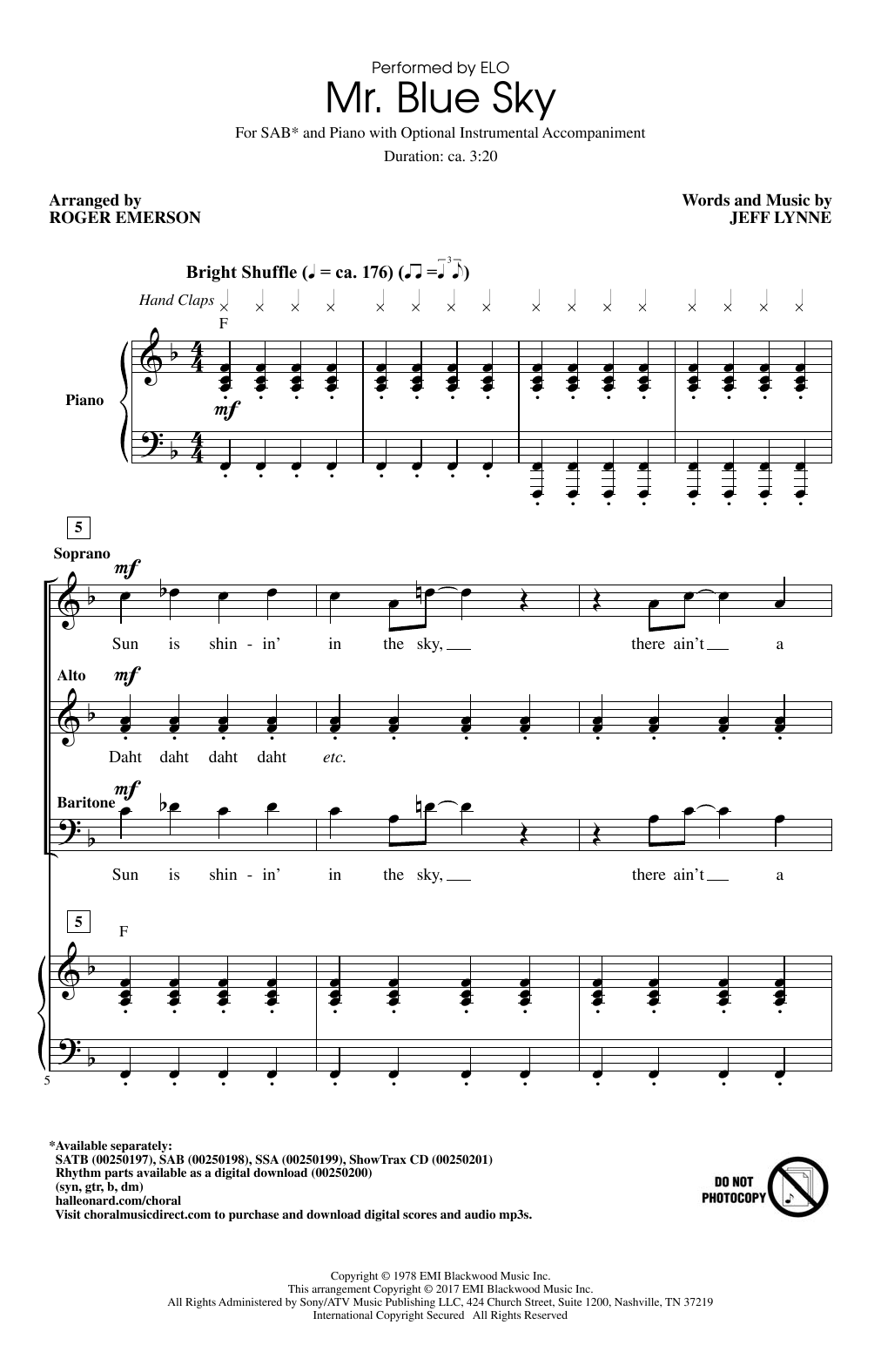 Download Roger Emerson Mr. Blue Sky Sheet Music and learn how to play SAB PDF digital score in minutes