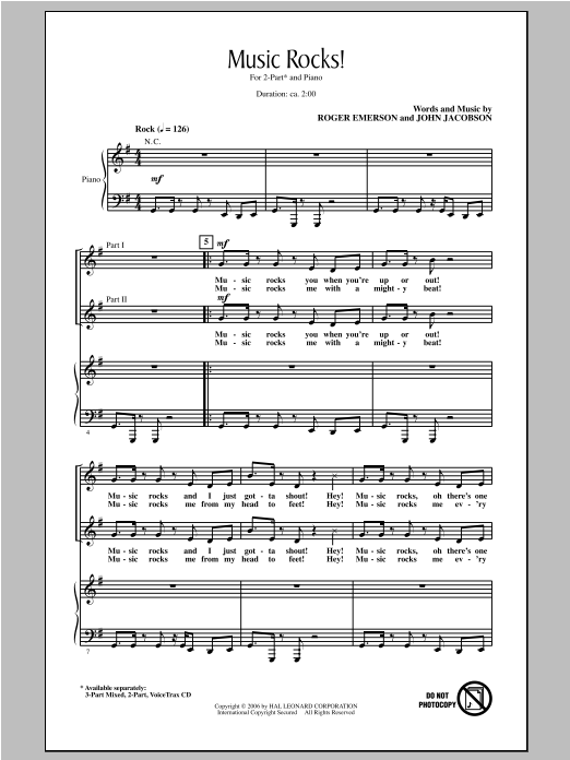 Download John Jacobson Music Rocks (arr. Roger Emerson) Sheet Music and learn how to play 2-Part Choir PDF digital score in minutes