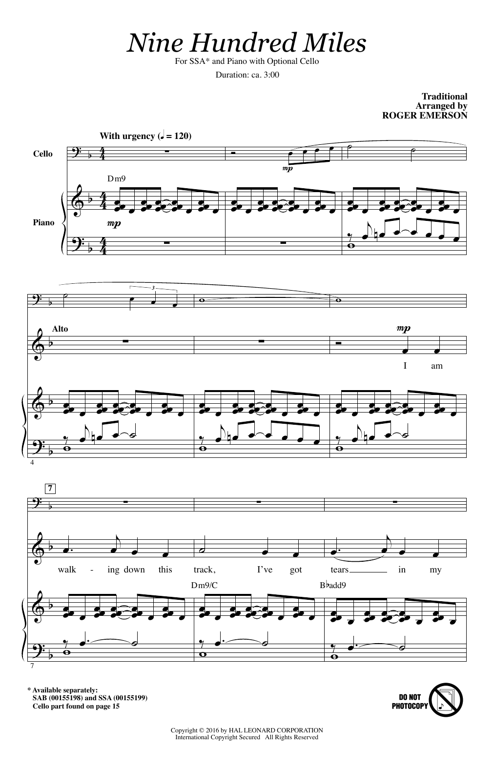 Download Roger Emerson Nine Hundred Miles Sheet Music and learn how to play SAB PDF digital score in minutes