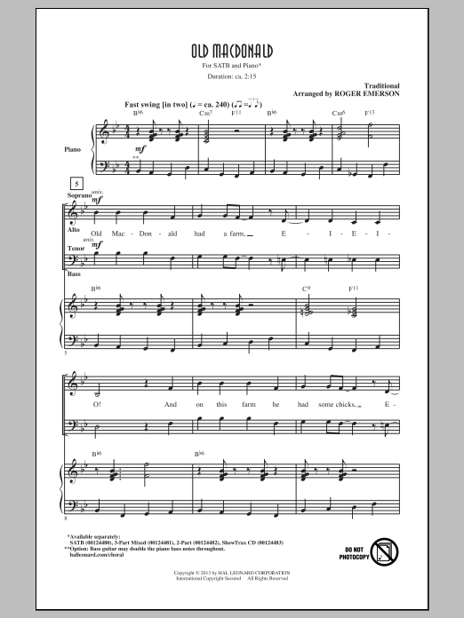 Download Traditional Old MacDonald (arr. Roger Emerson) Sheet Music and learn how to play 3-Part Mixed PDF digital score in minutes