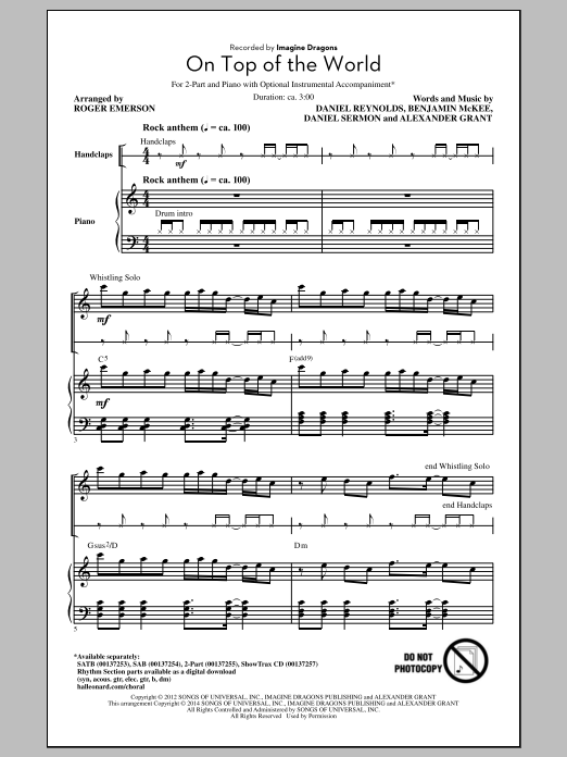 Download Imagine Dragons On Top Of The World (arr. Roger Emerson) Sheet Music and learn how to play 2-Part Choir PDF digital score in minutes