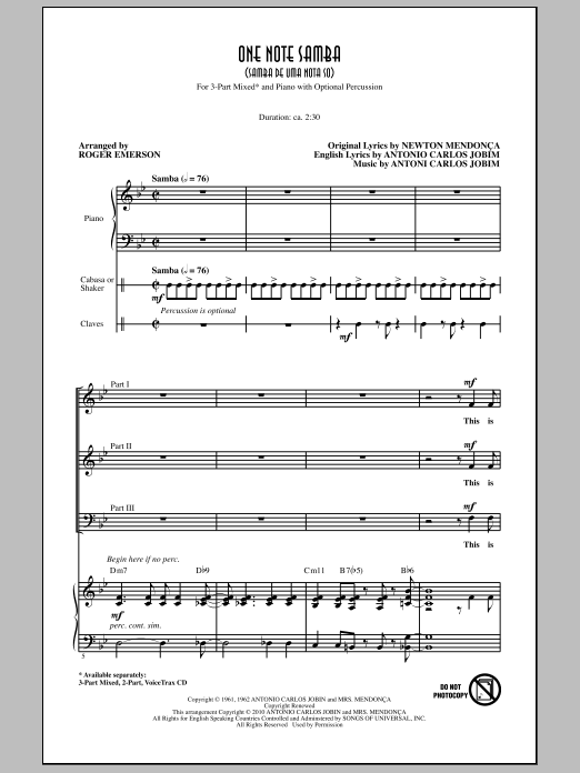 Download Roger Emerson One Note Samba (Samba De Uma Nota So) Sheet Music and learn how to play 3-Part Mixed Choir PDF digital score in minutes