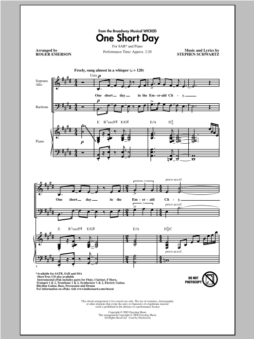 Download Stephen Schwartz One Short Day (arr. Roger Emerson) Sheet Music and learn how to play SAB PDF digital score in minutes