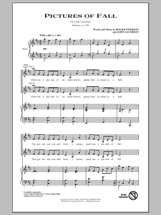 Download John Jacobson Pictures Of Fall (arr. Roger Emerson) Sheet Music and learn how to play 2-Part Choir PDF digital score in minutes
