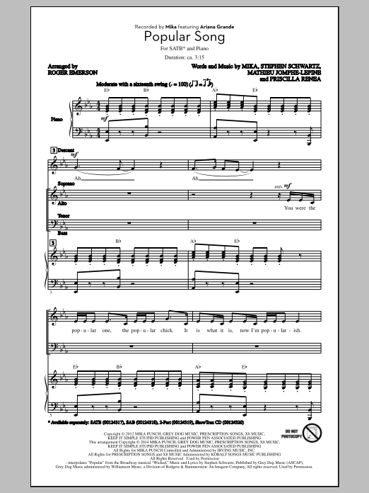 Download Mika Popular Song (arr. Roger Emerson) Sheet Music and learn how to play 2-Part Choir PDF digital score in minutes