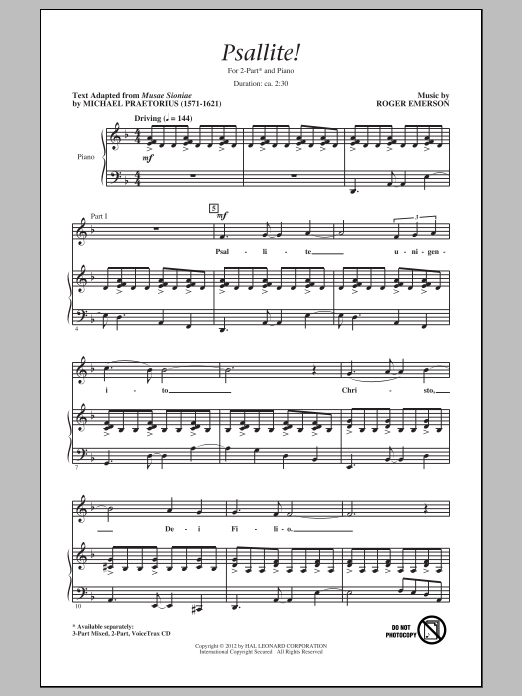 Download Roger Emerson Psallite! Sheet Music and learn how to play 2-Part Choir PDF digital score in minutes