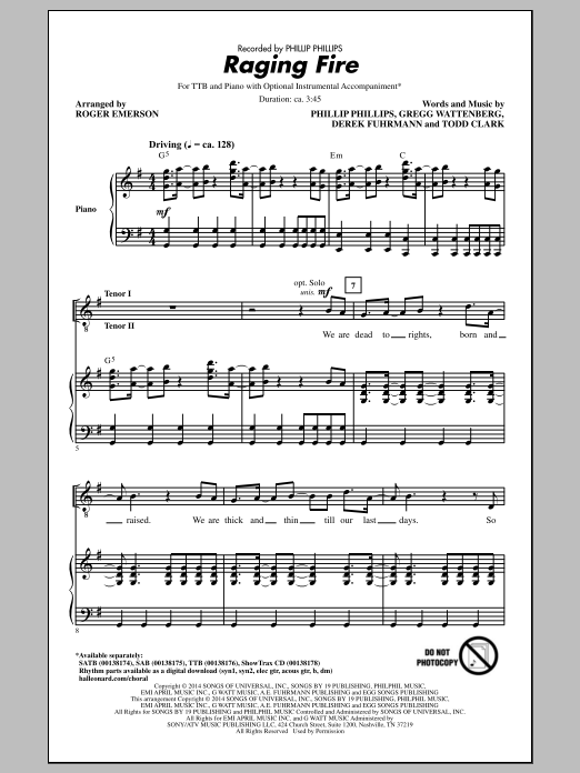 Download Phillip Phillips Raging Fire (arr. Roger Emerson) Sheet Music and learn how to play SAB PDF digital score in minutes