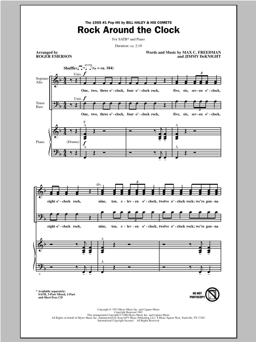 Download Bill Haley & His Comets Rock Around The Clock (arr. Roger Emerson) Sheet Music and learn how to play 3-Part Mixed PDF digital score in minutes