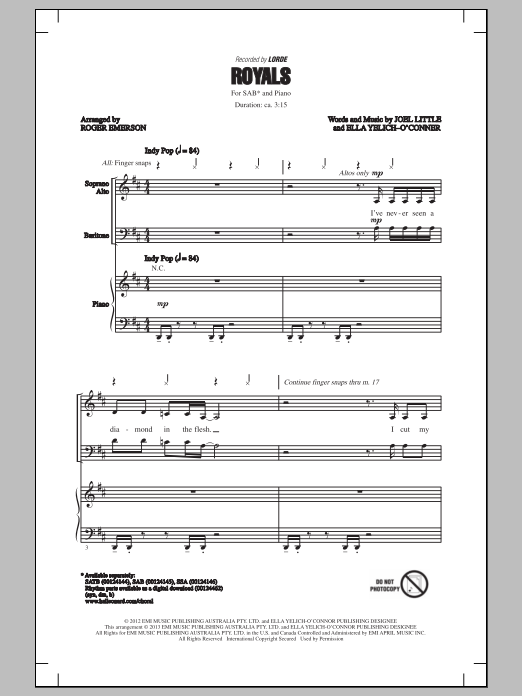 Download Lorde Royals (arr. Roger Emerson) Sheet Music and learn how to play SAB PDF digital score in minutes
