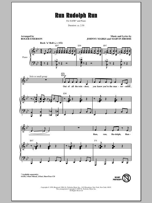 Download Roger Emerson Run Rudolph Run Sheet Music and learn how to play 3-Part Mixed Choir PDF digital score in minutes