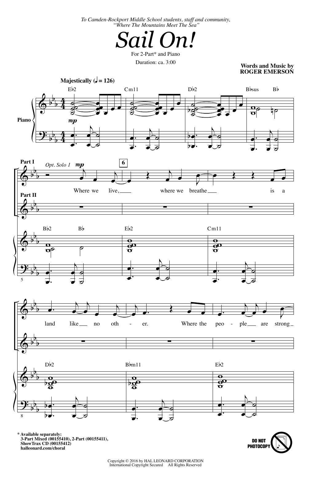 Download Roger Emerson Sail On! Sheet Music and learn how to play 2-Part Choir PDF digital score in minutes