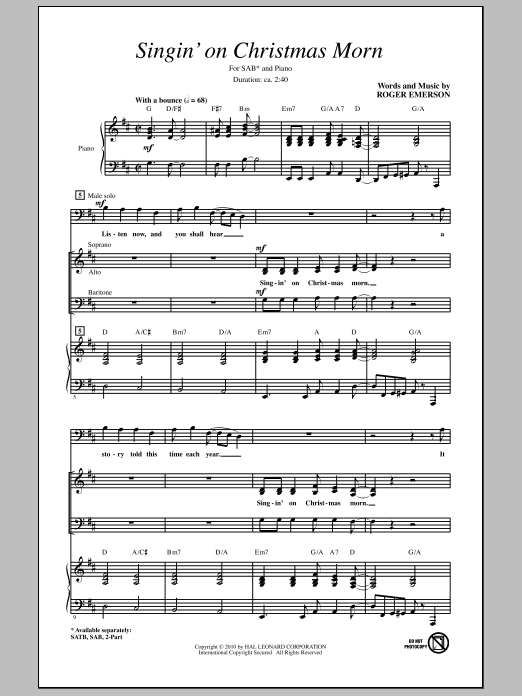 Download Roger Emerson Singin' On Christmas Morn Sheet Music and learn how to play 2-Part Choir PDF digital score in minutes