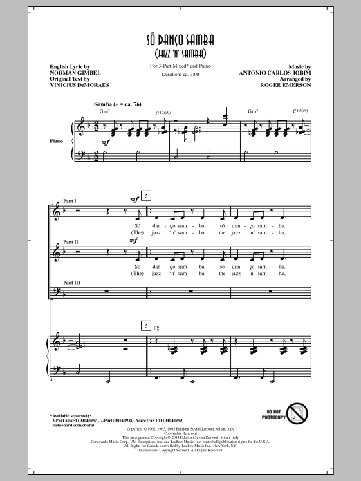 Download Antonio Carlos Jobim Jazz 'N' Samba (Só Danço Samba) (arr. Roger Emerson) Sheet Music and learn how to play 3-Part Mixed PDF digital score in minutes