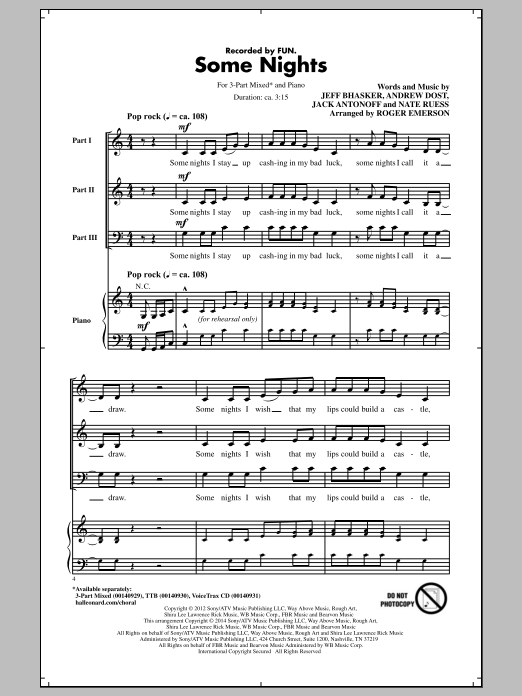 Download fun. Some Nights (arr. Roger Emerson) Sheet Music and learn how to play TTBB PDF digital score in minutes