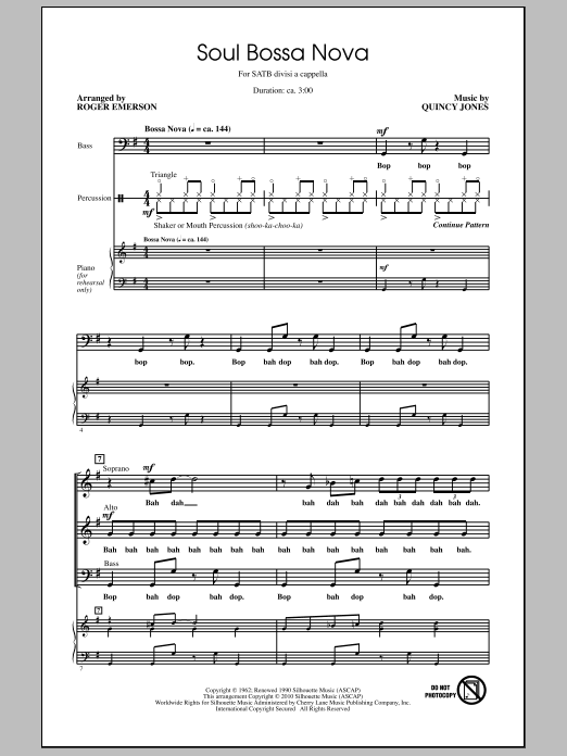 Download Roger Emerson Soul Bossa Nova Sheet Music and learn how to play SATB Choir PDF digital score in minutes