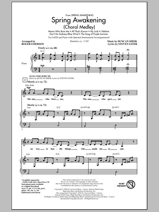 Download Roger Emerson Spring Awakening (Choral Medley) Sheet Music and learn how to play SATB Choir PDF digital score in minutes