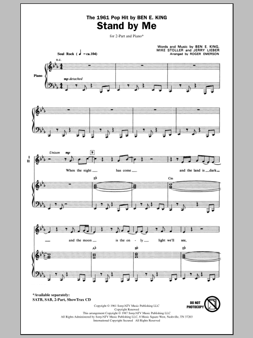 Download Ben E. King Stand By Me (arr. Roger Emerson) Sheet Music and learn how to play 2-Part Choir PDF digital score in minutes