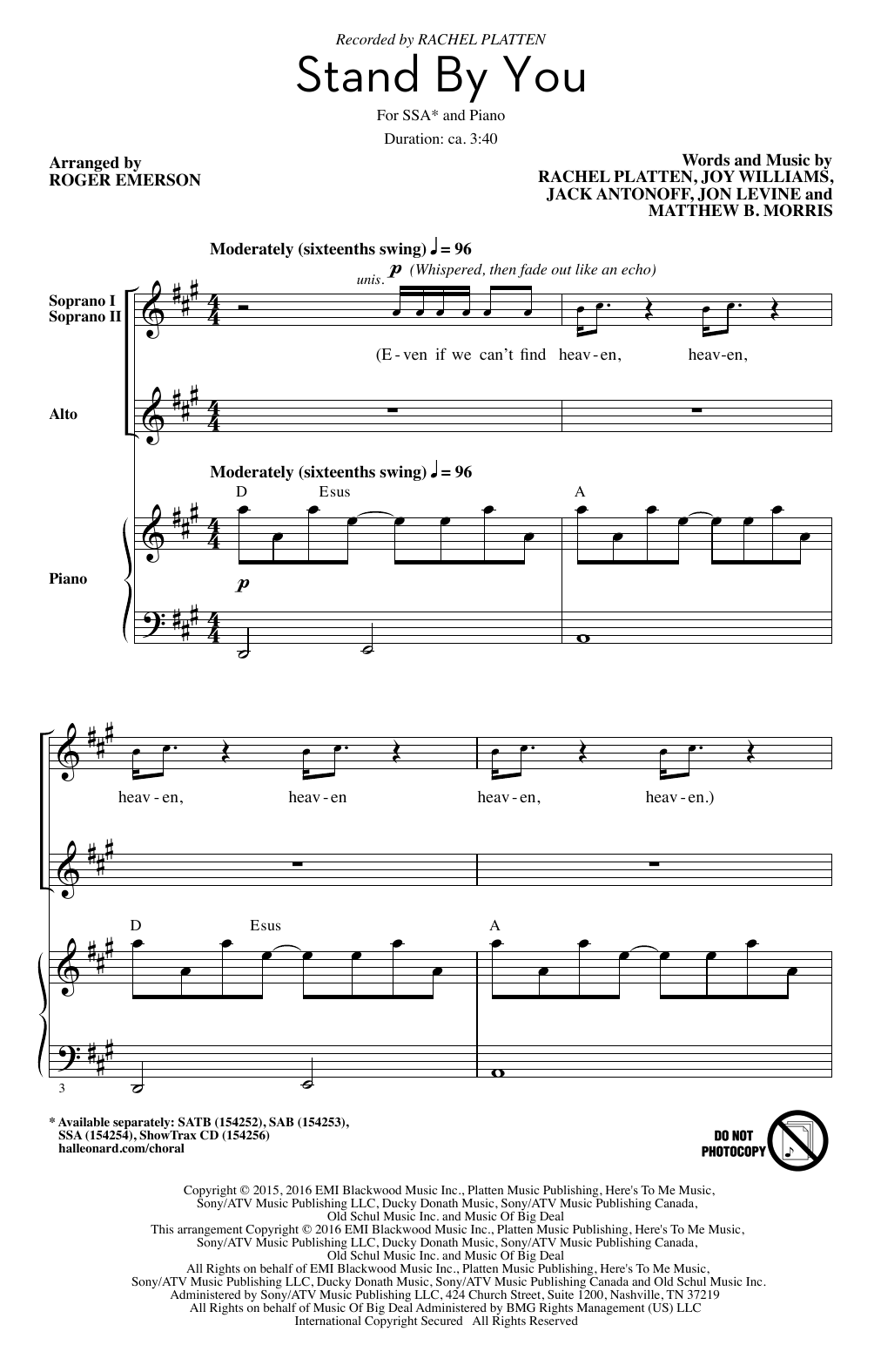 Download Roger Emerson Stand By You Sheet Music and learn how to play SSA PDF digital score in minutes
