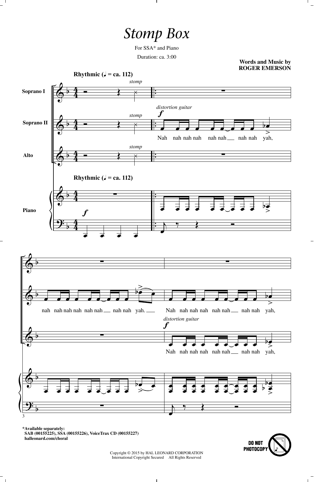 Download Roger Emerson Stomp Box Sheet Music and learn how to play SSA PDF digital score in minutes