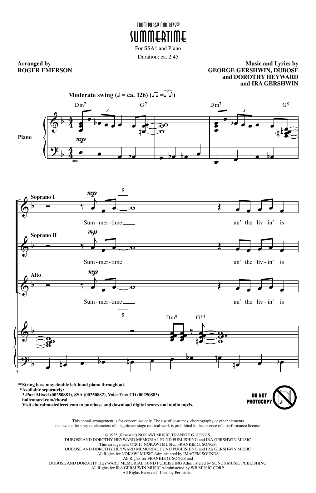 Download Roger Emerson Summertime Sheet Music and learn how to play SSA PDF digital score in minutes