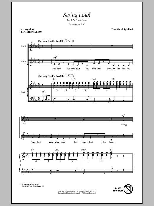 Download Roger Emerson Swing Low, Sweet Chariot Sheet Music and learn how to play 2-Part Choir PDF digital score in minutes