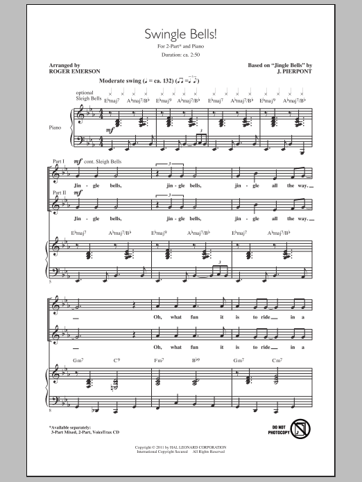 Download J. Pierpont Swingle Bells! (arr. Roger Emerson) Sheet Music and learn how to play 2-Part Choir PDF digital score in minutes
