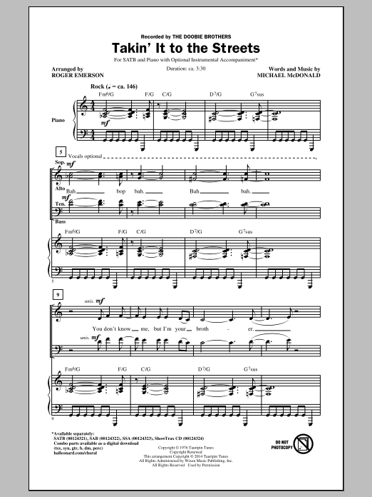 Download The Doobie Brothers Takin' It To The Streets (arr. Roger Emerson) Sheet Music and learn how to play SAB PDF digital score in minutes